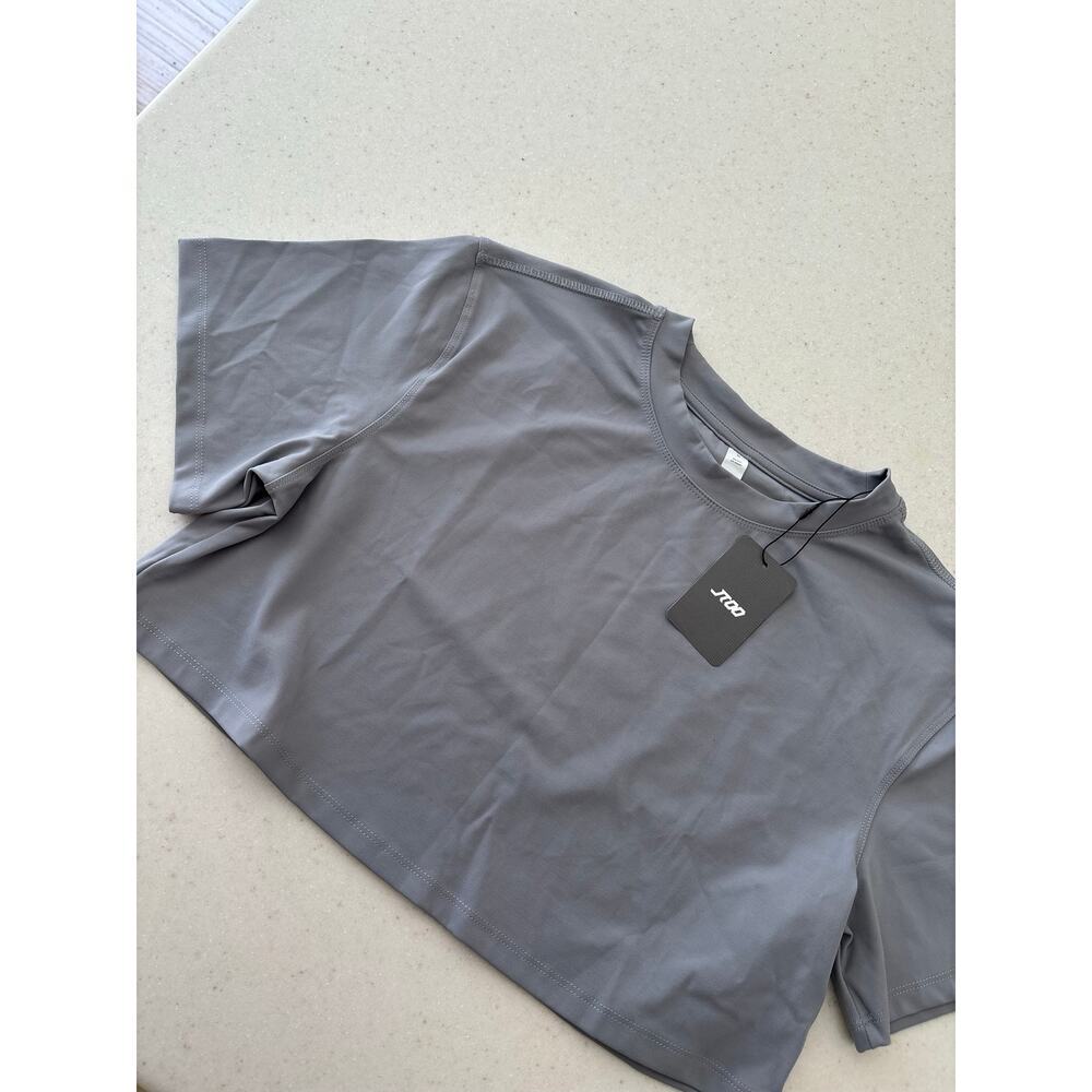 JTOO Gray Athletic Crop Top Women’s Small Short Sleeve Stretch Activewear NWT - Picture 7 of 9